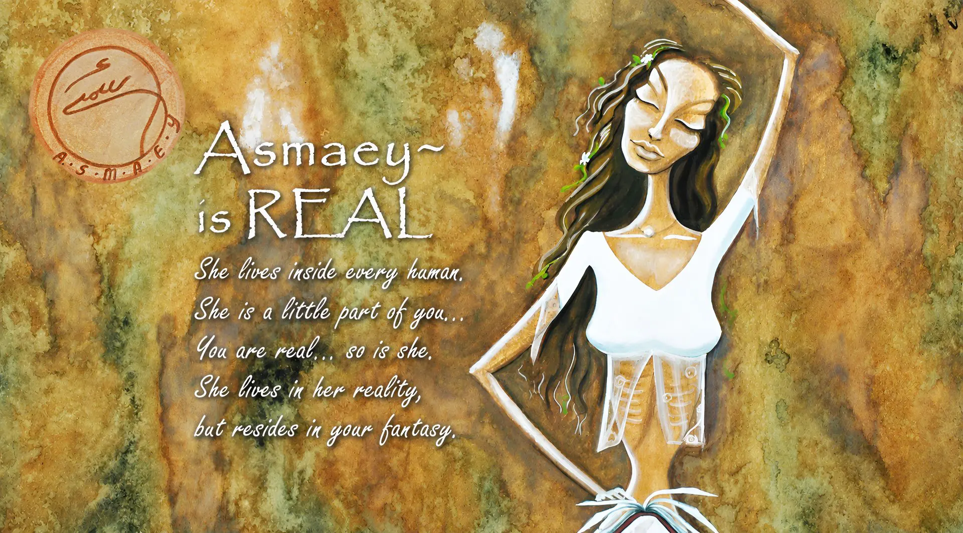 Asmaey, a watercolor and ink painting of a woman reaching up toward a flowering branch