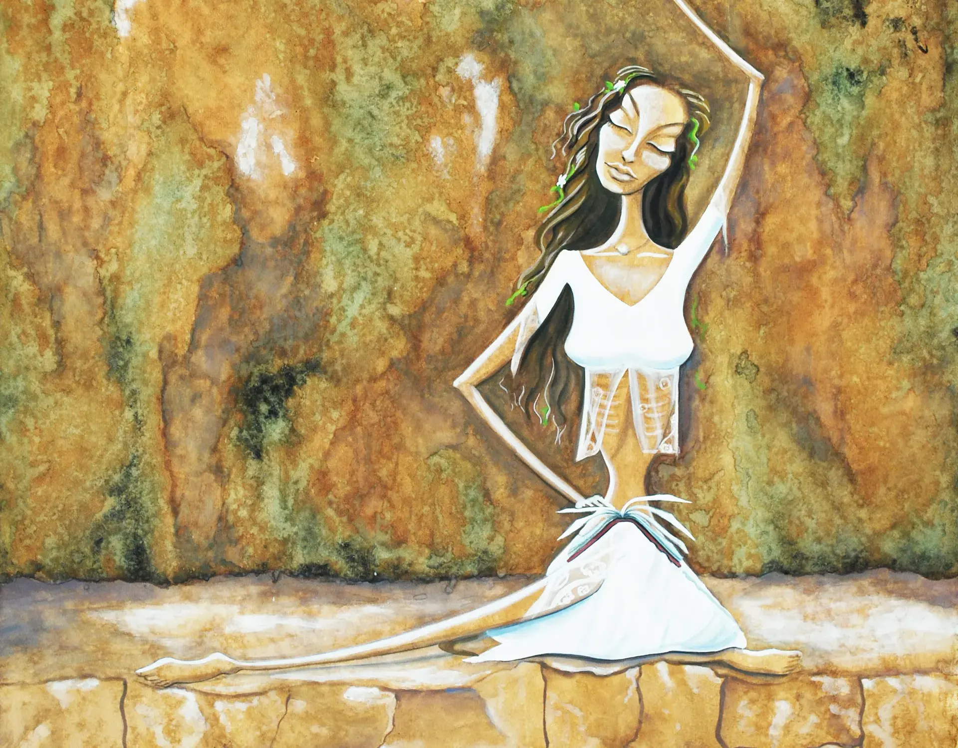 Asmaey, a watercolor and ink painting of a woman reaching up toward a flowering branch
